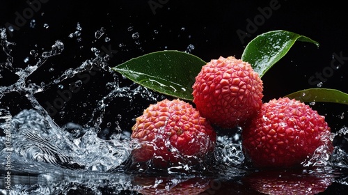 lychees with vibrant green leaves dramatically splash into the water, contrasting black background. Title, macro, minimalism,  healthy food