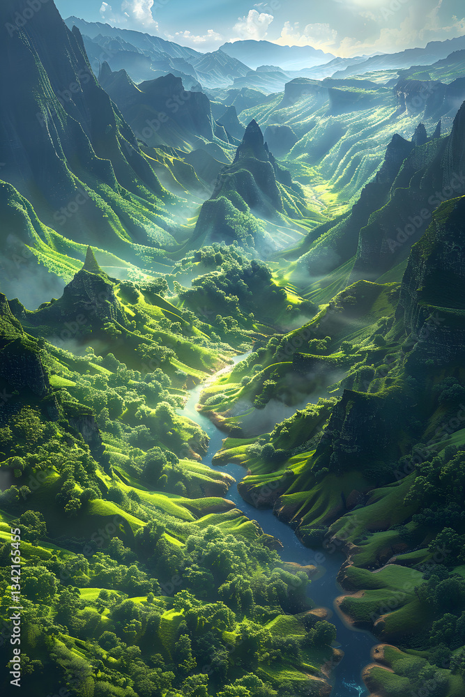 Fototapeta premium Serene Beauty: A River Winding Through a Verdant Valley Under the Radiant Sun