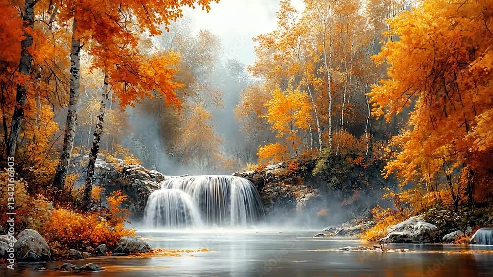 Serene autumn landscape with a waterfall surrounded by vibrant foliage Serene autumn landscape with a waterfall surrounded by vibrant foliage