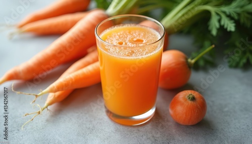 Glass of vibrant carrot juice with fresh carrots on gray textured table, against white background. Freshly squeezed smoothie for healthy eating, dieting and detox. Healthy lifestyle, well-being.
