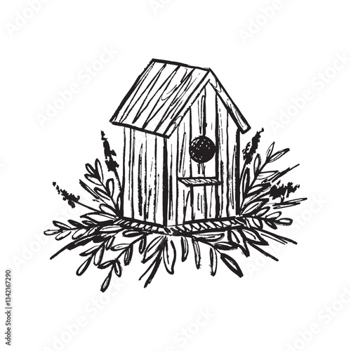Wooden bird house feeder with flowers in black brush stroke texture isolated on white. Hand drawn vector sketch illustration in vintage charcoal ink. Nature concept, help animals, wood craft design