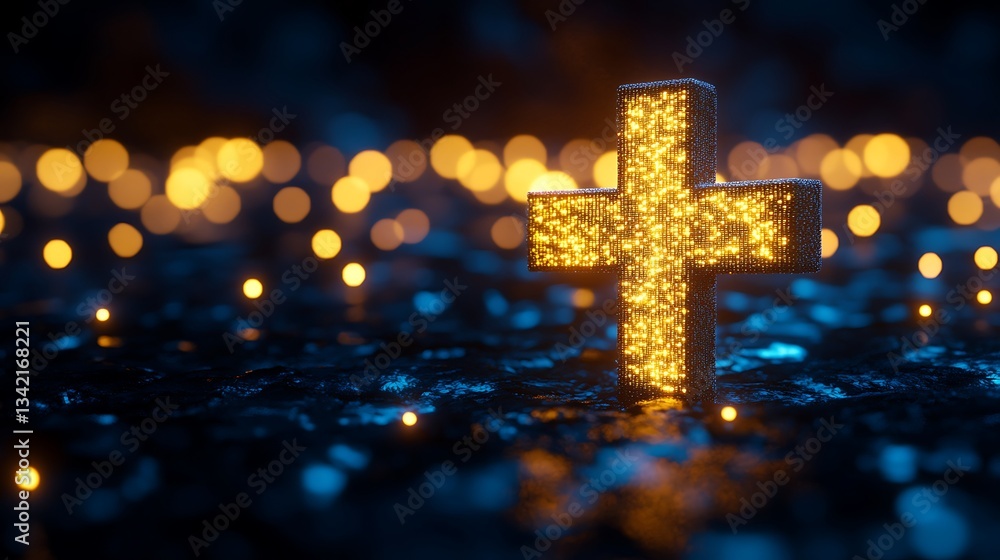 A luminous cross stands against a bokeh illuminated background