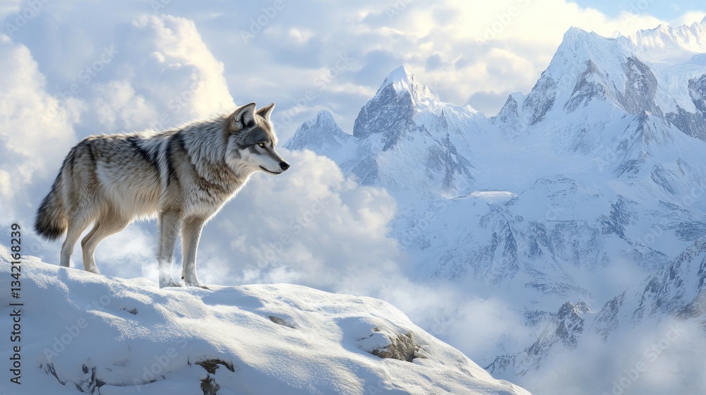 Naklejka premium Solitary Canine in a Snowy Mountain Landscape A Majestic Scene of Natures Wild Beauty and Ser