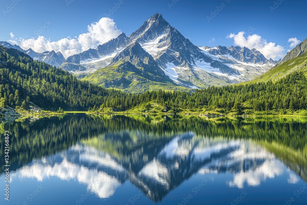 Serene mountain lake reflecting snow-capped peak under sunny sky Serene mountain lake reflecting snow-capped peak under sunny sky