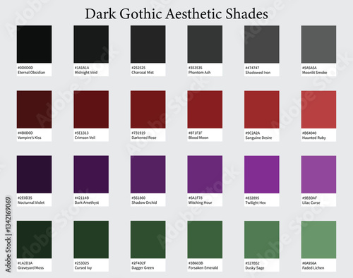 Color Palette 24 Dark Gothic Aesthetic Shades - Fashion and Luxury, Black, Charcoal, Deep Reds, Eerie Purples, Muted Greens Tones - with HEX Codes and Names, Colour Scheme and Combinations