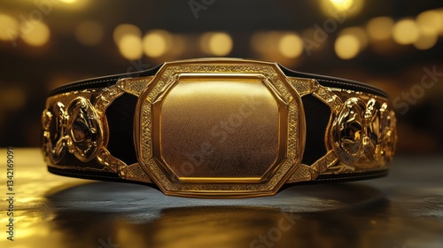 Gold championship belt on dark surface.