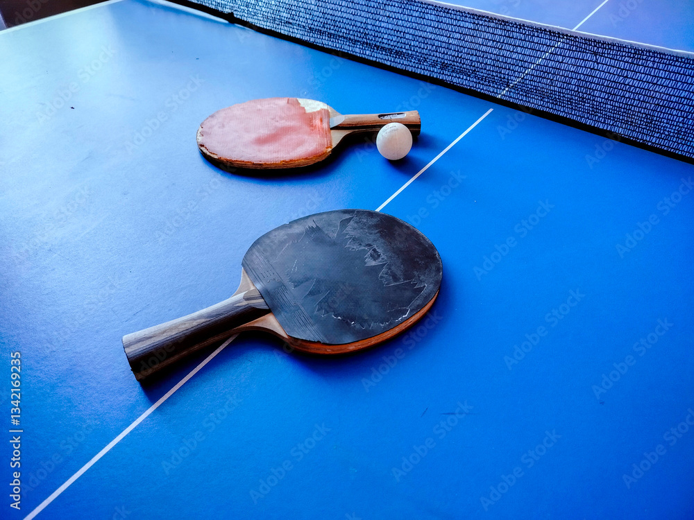 Table tennis or ping pong rackets and ball on table.
