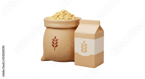 Isolated Burlap Sack Full of Soybeans Next to a Soy Milk Carton