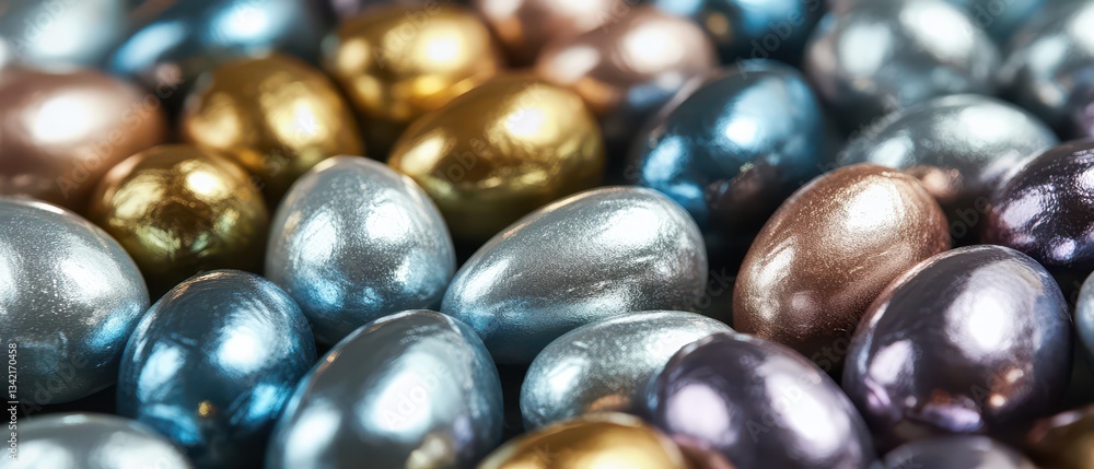 Colorful metallic eggs scattered on a surface Colorful metallic eggs scattered on a surface