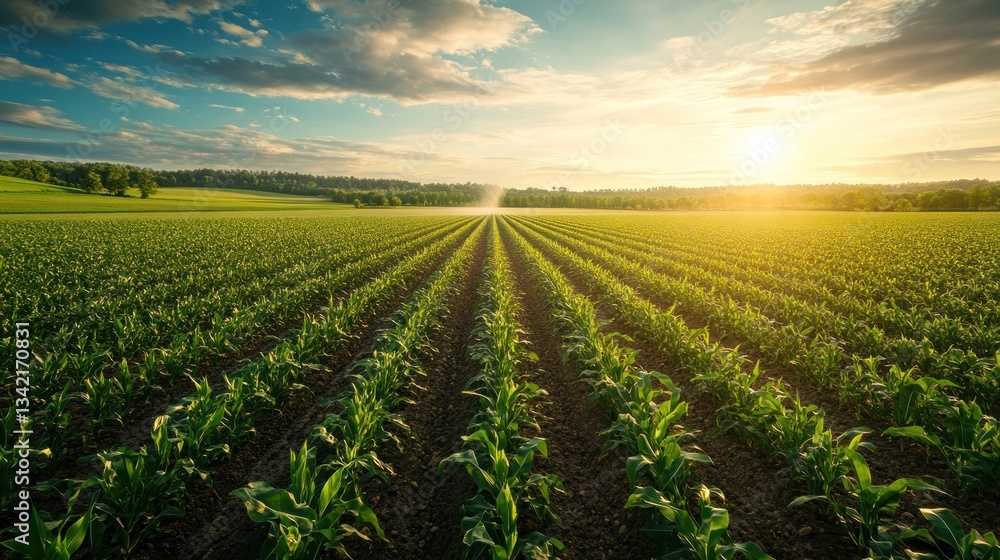 Panoramic view of a cornfield at sunset. Panoramic view of a cornfield at sunset.