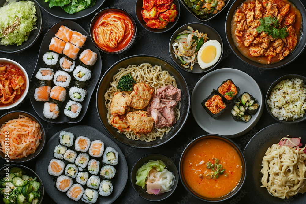 Flat lay of Korean and Japanese fusion food. Ideal for variety, spicy food, and cultural cuisine stock.
Flat lay of Korean and Japanese fusion food. Ideal for variety, spicy food, and cultural cuisine stock.