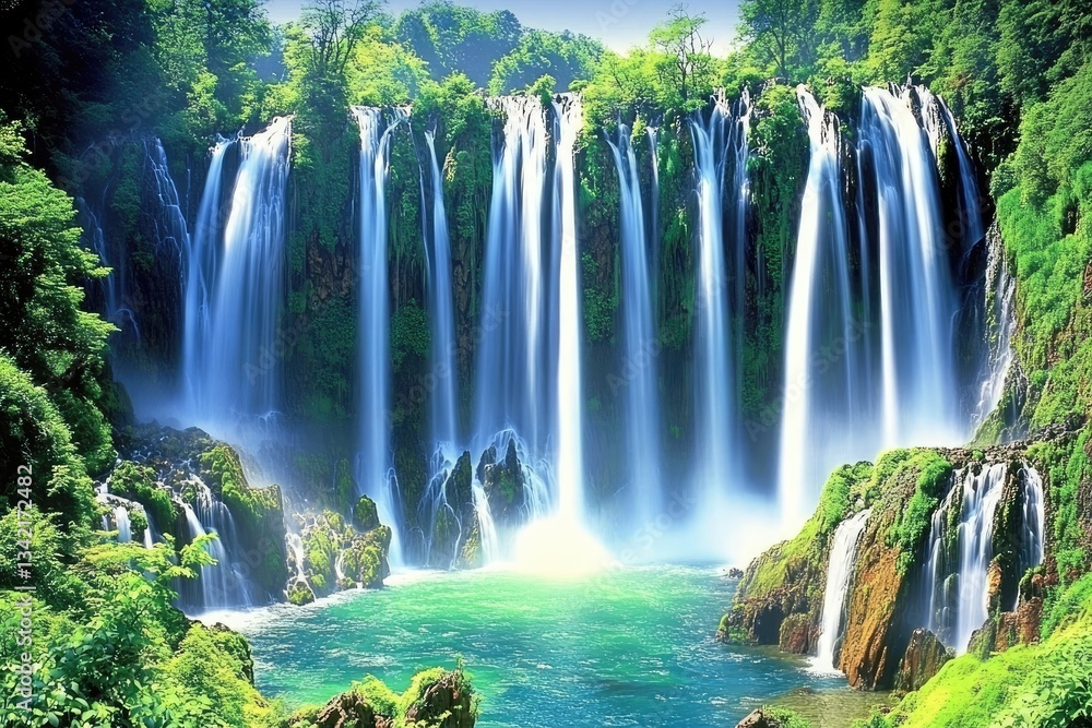 Obraz premium Serene waterfall cascading into vibrant pool, lush green foliage