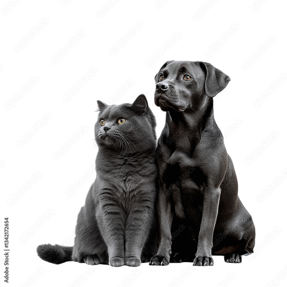 Fototapeta premium British Shorthair cat and a dog sitting together, animal friendship, isolated on a white transparent background.