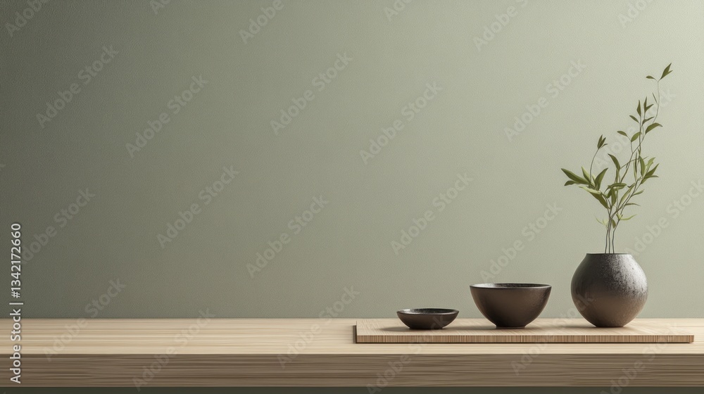 Minimalist still life with plants, bowls, and wooden tray on a shelf against a sage green wall. Minimalist still life with plants, bowls, and wooden tray on a shelf against a sage green wall.