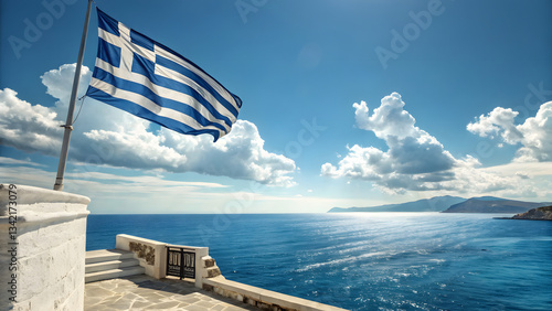 Fototapeta Naklejka Na Ścianę i Meble -  greece independence day background with greek flag and sea view