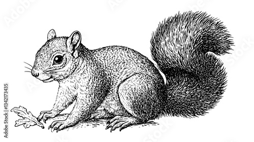 Engraved vintage illustration of a squirrel enjoying an oak leaf in a serene woodland setting