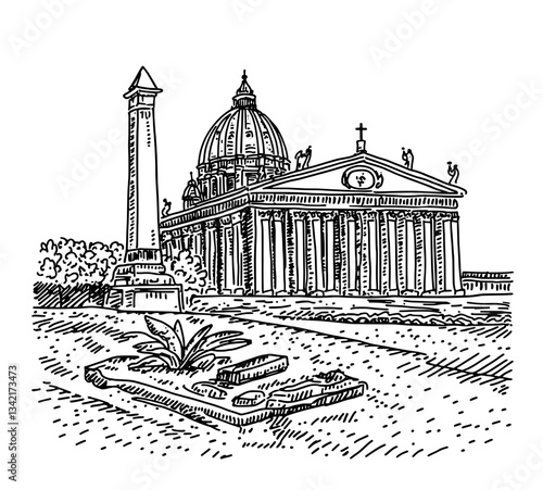 Engraved illustration depicting an iconic architectural marvel with detailed elements and vintage appeal