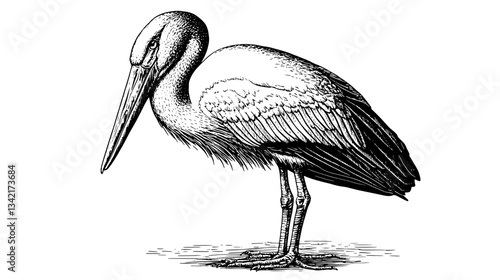 Intricate hand-drawn engraving of a majestic stork in a vintage style, showcasing fine detail and artistry