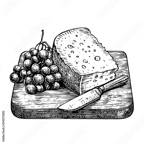 Engraved illustration of cheese, grapes, and knife on a wooden platter, showcasing a vintage hand-drawn design