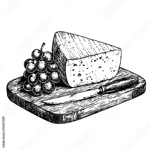 Engraved illustration of gourmet cheese and fresh grapes on a rustic wooden cutting board