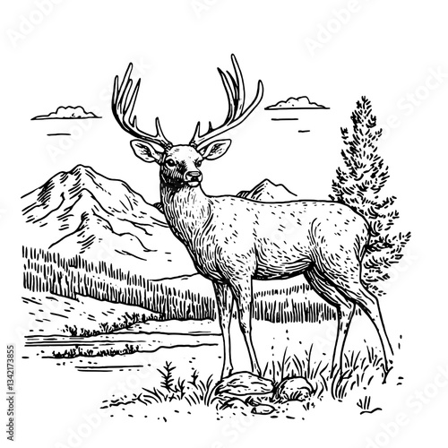 Majestic deer stands gracefully by a tranquil lake surrounded by towering mountains and lush forest at dawn