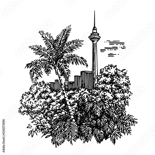 Urban oasis captured in an engraved illustration featuring lush greenery and a towering skyline silhouette