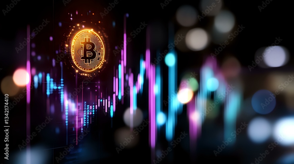 Fototapeta premium Glowing cryptocurrency symbol with neon trading chart lines and bokeh lights on dark background, modern financial technology concept.