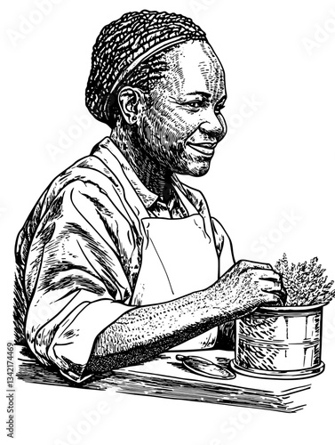 Crafting intricate designs with precision in a vintage engraved illustration of a skilled artisan at work