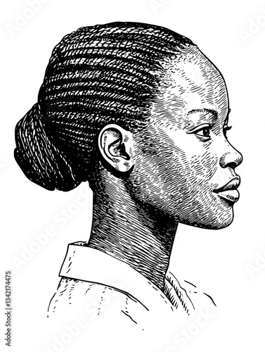 Elegant profile of a young woman showcasing intricate braided hairstyle in vintage engraving style