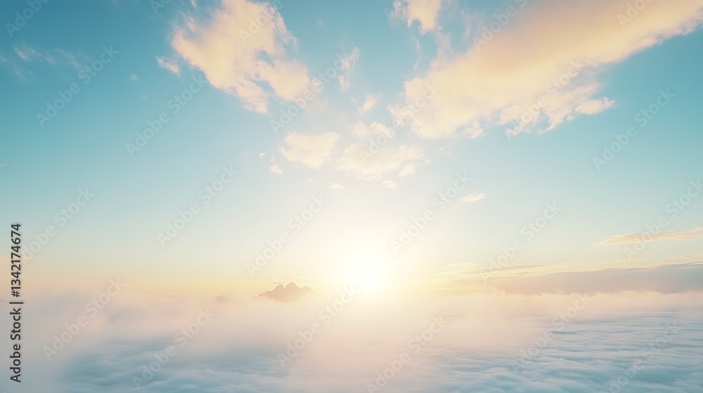 Naklejka premium A bright sun shining above a fluffy layer of clouds