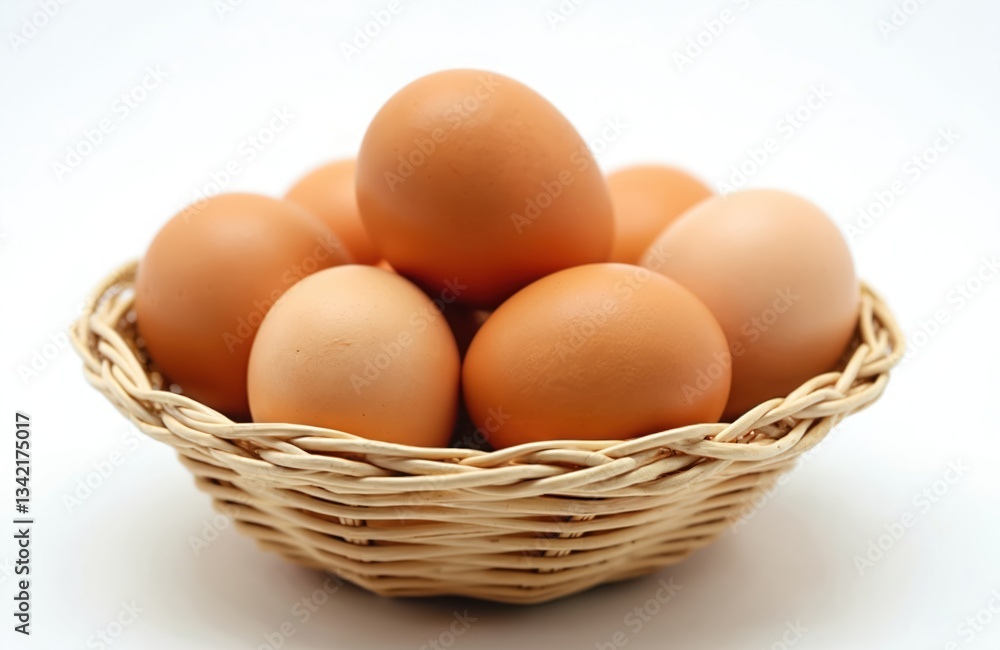 Close-up of raw brown chicken eggs stack in wicker bamboo basket isolated on white background with copy space. Fresh hen product for nutrition, protein diet and healthy food recipes. Close-up of raw brown chicken eggs stack in wicker bamboo basket isolated on white background with copy space. Fresh hen product for nutrition, protein diet and healthy food recipes.