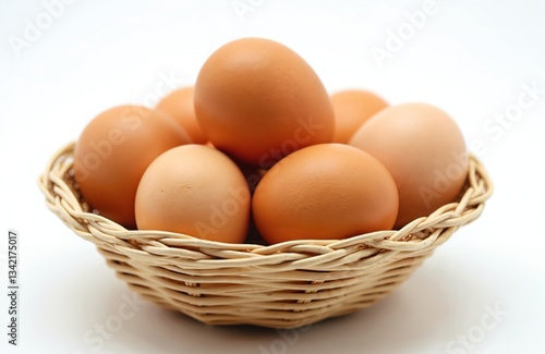 Wallpaper Mural Close-up of raw brown chicken eggs stack in wicker bamboo basket isolated on white background with copy space. Fresh hen product for nutrition, protein diet and healthy food recipes. Torontodigital.ca