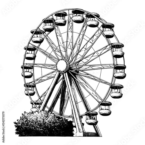 Intricate engraved illustration of a vintage ferris wheel amidst lush greenery reflecting a bygone era and nostalgic amusement