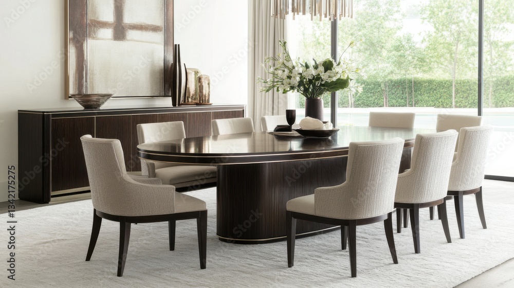 Fototapeta premium Elegant Modern Dining Room with Stylish Table and Comfortable Chairs