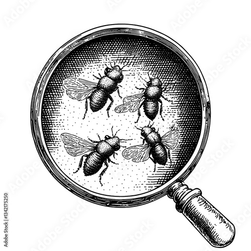 Discovering hidden details in nature with an intricate engraved illustration of bees under magnification