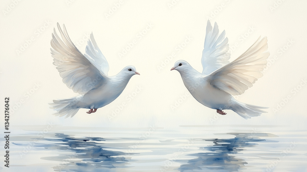 Fototapeta premium Watercolor painting of doves flying above a calm lake, soft blended brushstrokes, light blue and white tones, peaceful and poetic mood