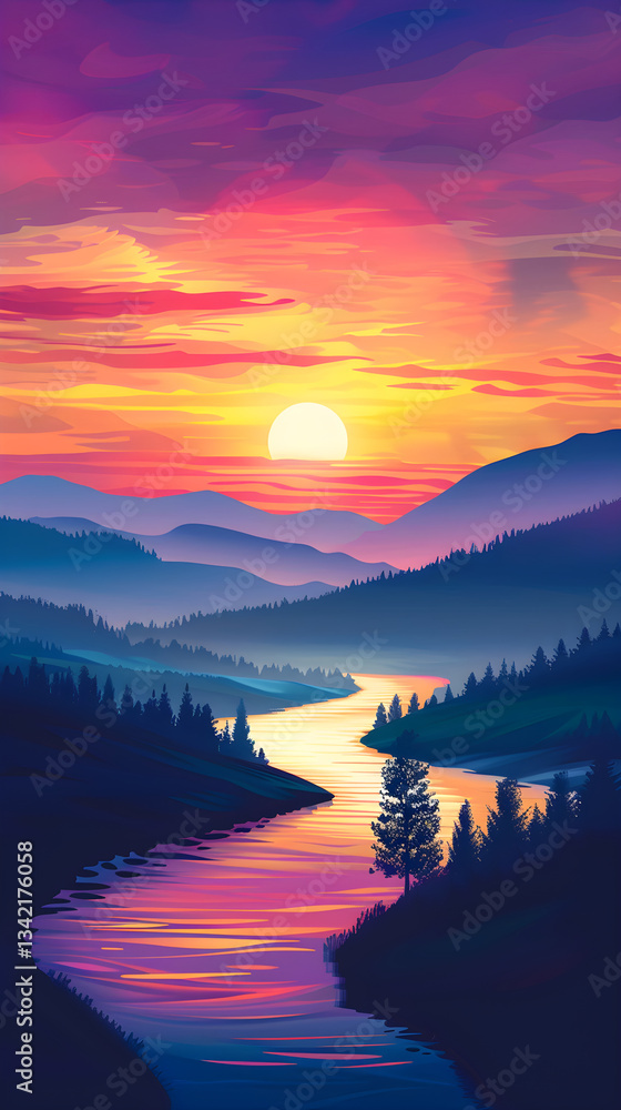 Serene Countryside Sunset - Breath-taking Vector Art of Nature's Tranquil Beauty with Rolling Hills and Reflective River Serene Countryside Sunset - Breath-taking Vector Art of Nature's Tranquil Beauty with Rolling Hills and Reflective River