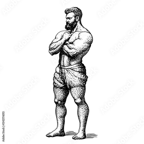 Detailed engraved illustration of a muscular man posing confidently in a vintage style