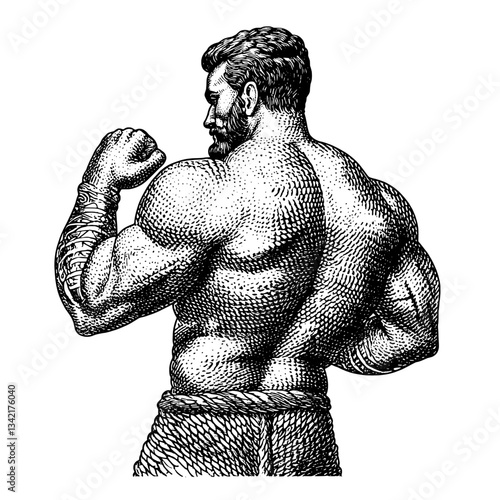 Epic vintage engraving of a muscular man showcasing strength and artistry in tattoo design
