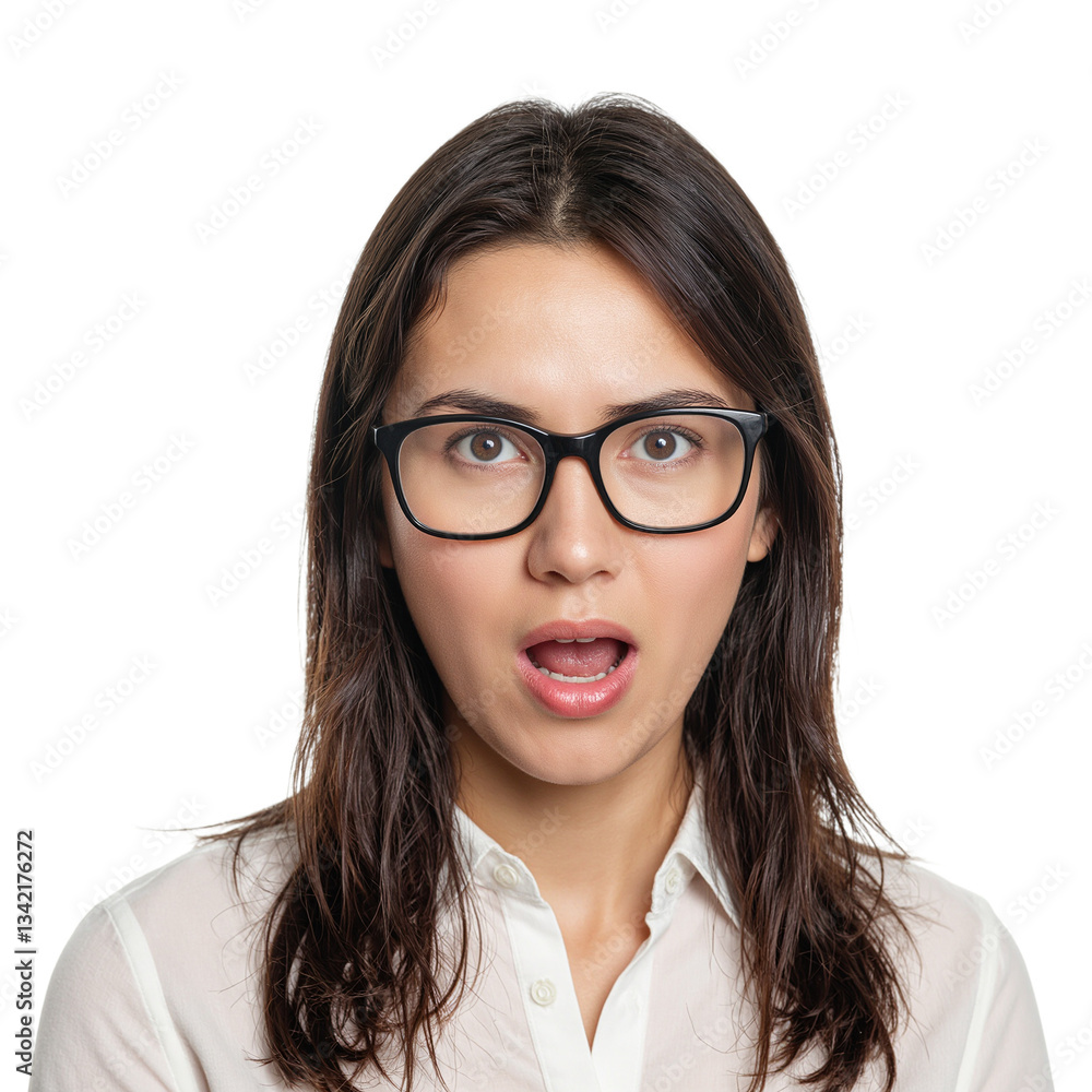 Obraz premium Portrait of a East Asian woman in glasses with a surprised expression isolated on white