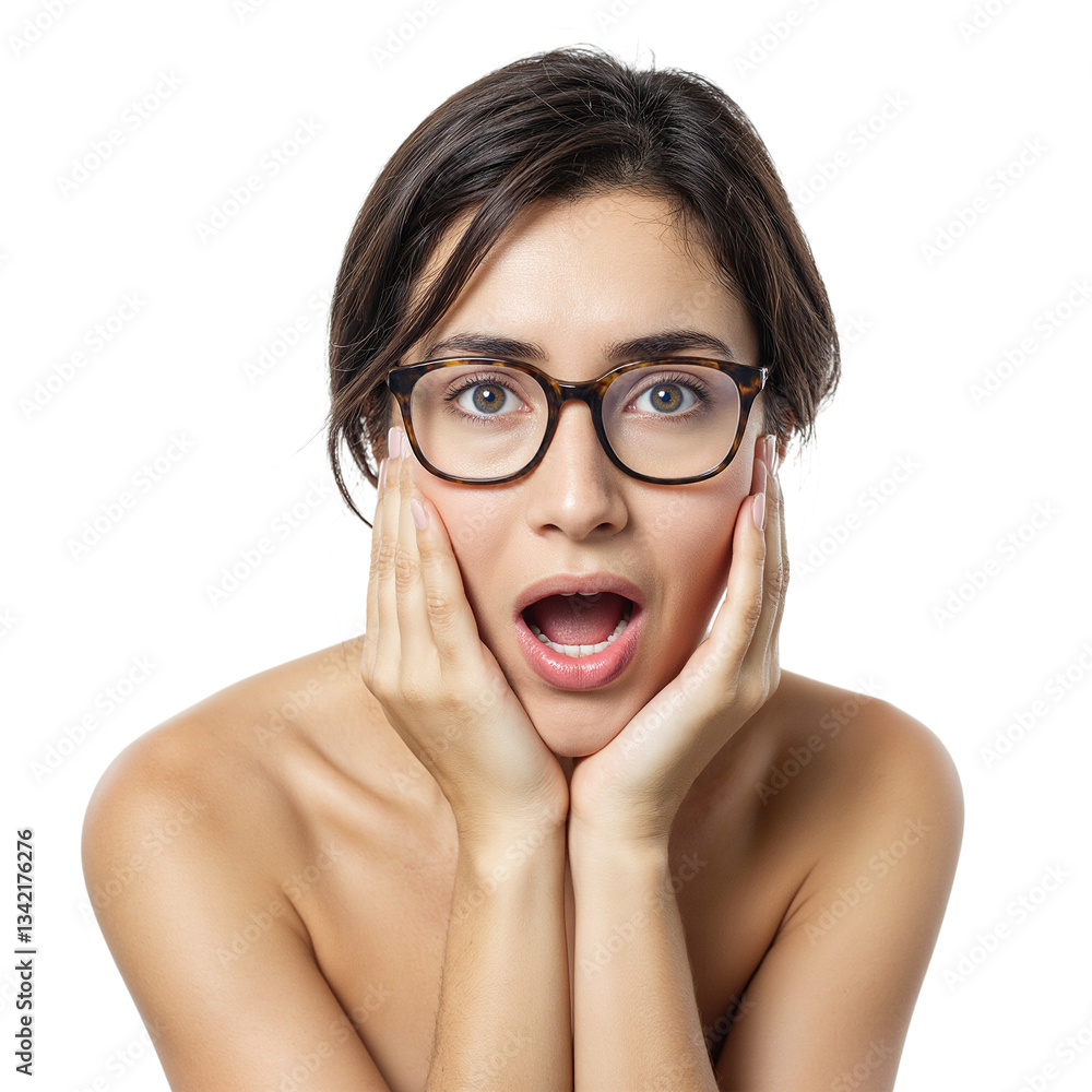 Portrait of a East Asian woman in glasses with a surprised expression isolated on white Portrait of a East Asian woman in glasses with a surprised expression isolated on white