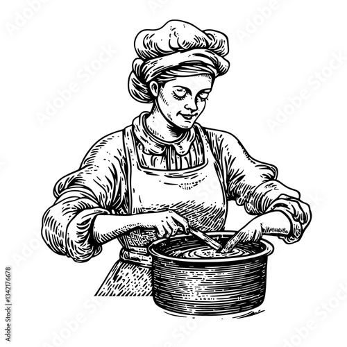 Engraved illustration of a vintage chef stirring a pot with passion and skill in a rustic kitchen setting