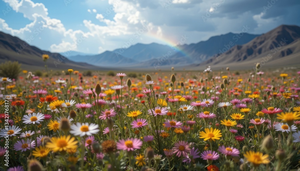 Fototapeta premium Wildflower Meadow Blooms Under Rainbow and Mountain Landscape Scenery