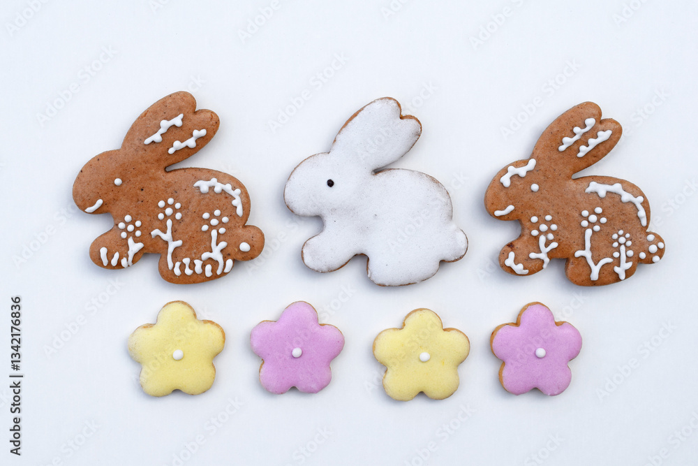 Easter gingerbread cookies in a shape of bunny and flowers, white background Easter gingerbread cookies in a shape of bunny and flowers, white background