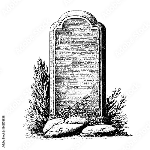 Engraved vintage tombstone illustration with intricate details and natural elements in a hand-drawn premium design