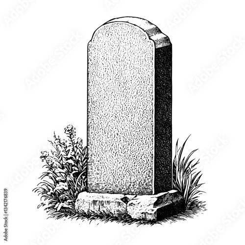 Engraved vintage illustration of a weathered gravestone surrounded by lush greenery and stones captures the essence of remembrance