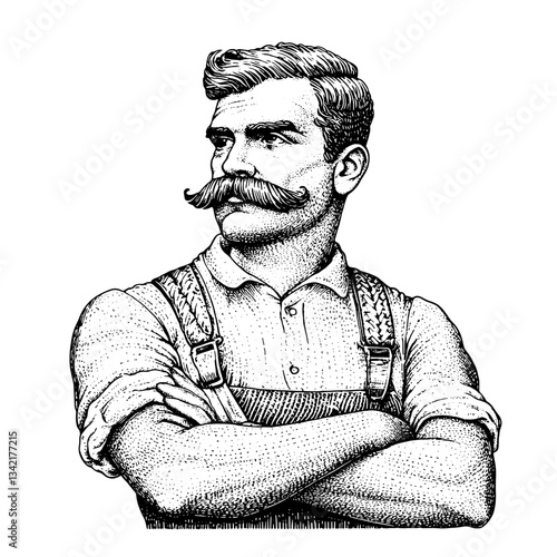 Hand-drawn vintage engraving depicting a confident man with a mustache standing proud in overalls, conveying a sense of craftsmanship and strength