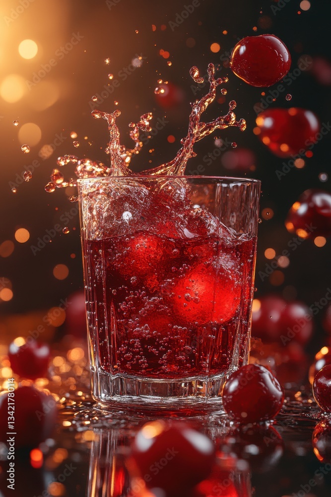 3D image of a glass of cherry juice being poured with splashes, rich and bold 3D image of a glass of cherry juice being poured with splashes, rich and bold