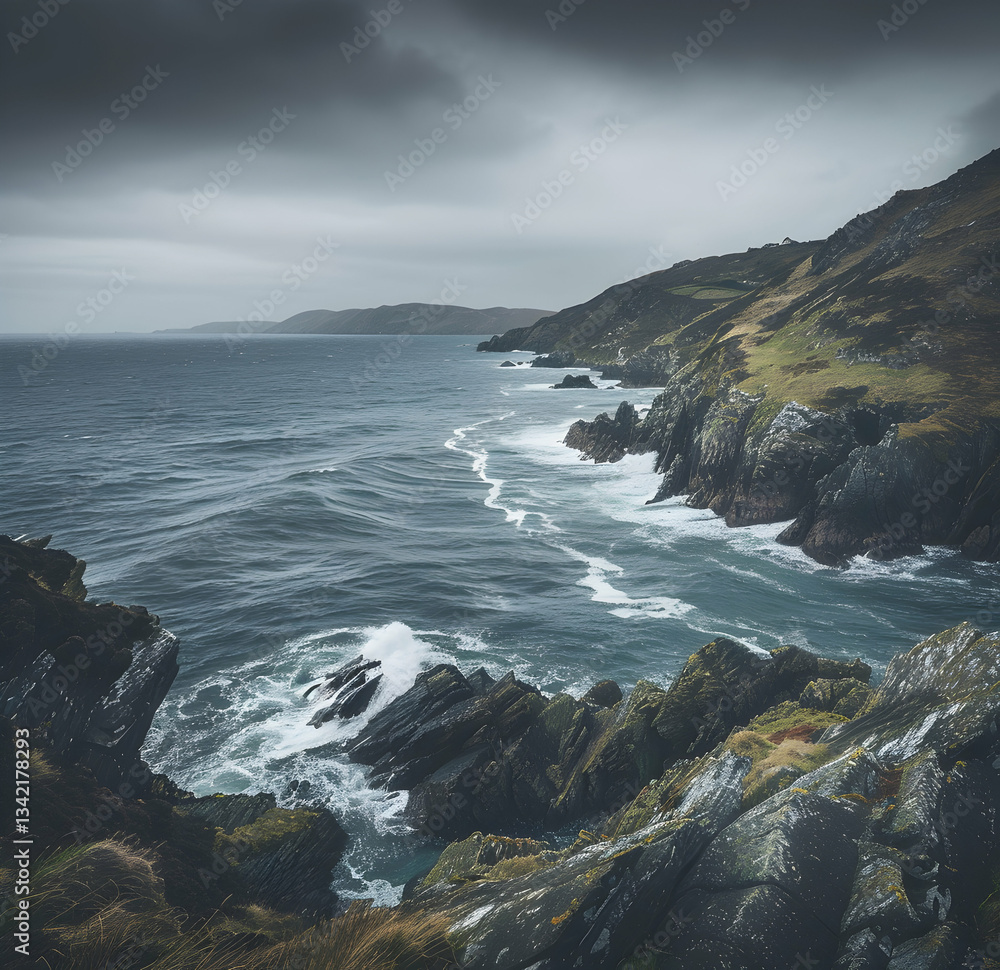 A Dramatic Coastline with Steep Cliffs and Rolling Waves A Dramatic Coastline with Steep Cliffs and Rolling Waves
