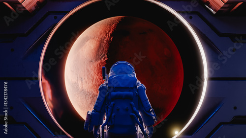 Foto Astronaut observing mars from spaceship window: colonizing mission to red planet